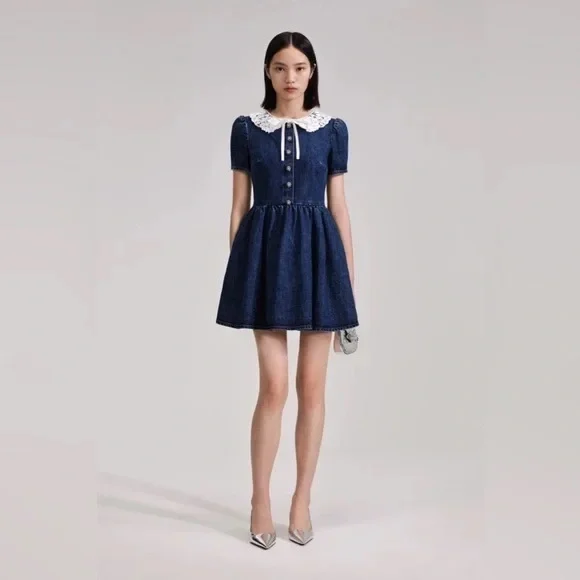 Self-Portrait denim Mini Dress with White Lace Collar size 2 - Picture 2 of 10